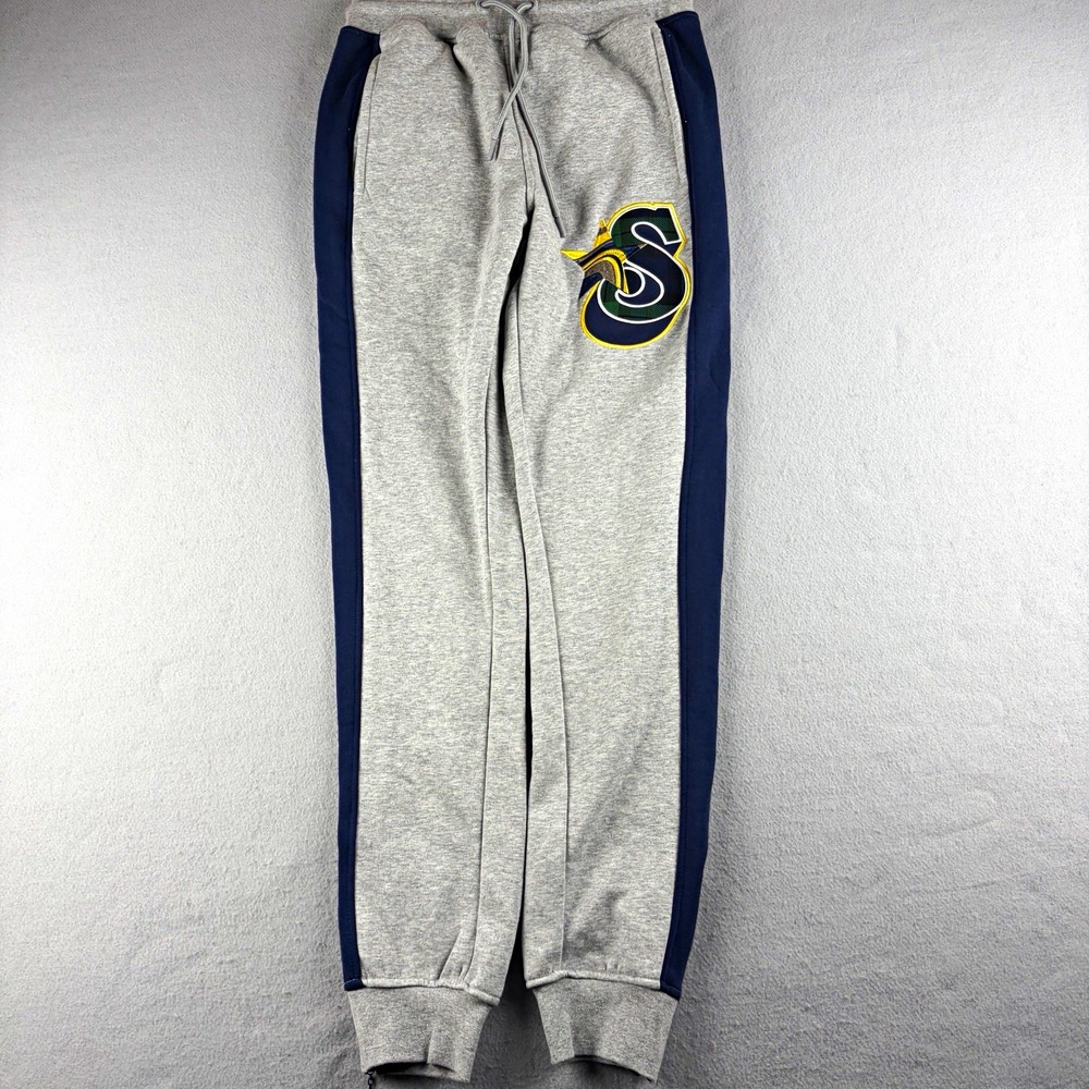 Staple Men's Small Jogger Sweatpants Gray Navy Logo Zip Cuff Streetwear